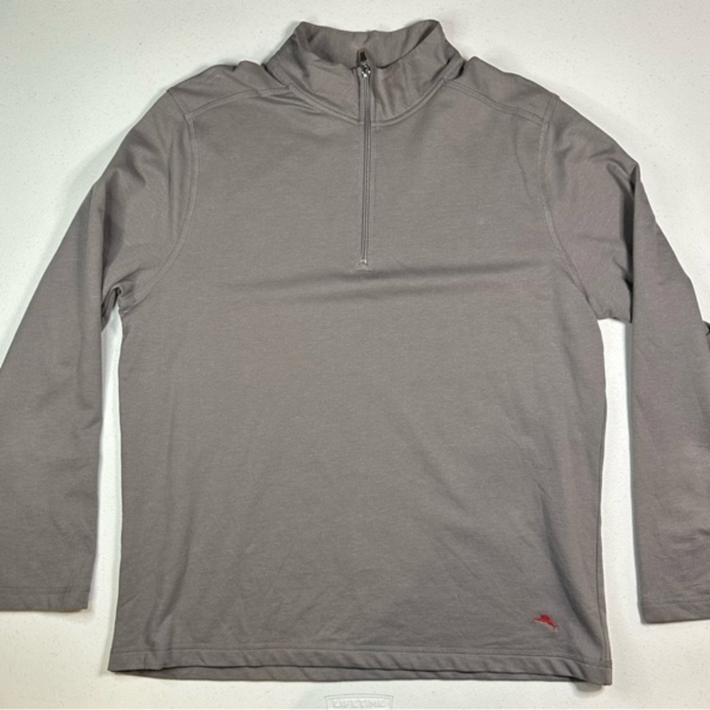 Tommy Bahama Mens Large Gray Taupe Quarter Zip Pullover Marlin Logo Sweatshirt